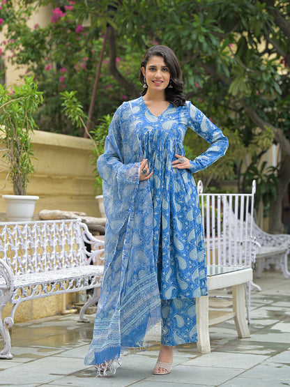 Blue Cotton Paisley Printed Kurta Pant Set With Dupatta