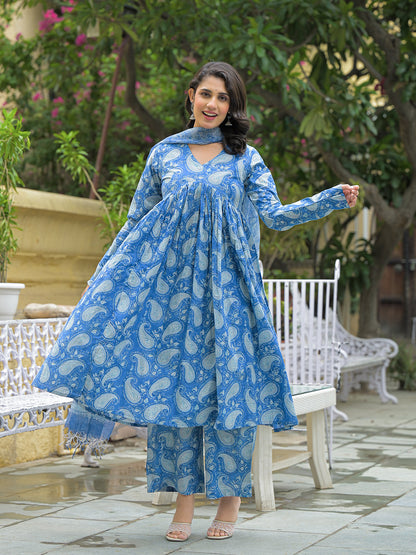 Blue Cotton Paisley Printed Kurta Pant Set With Dupatta