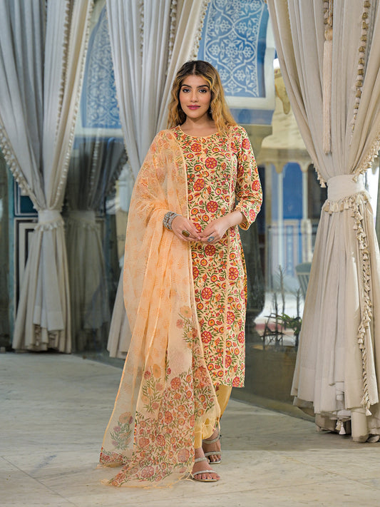 Yellow Hand Block Cotton Straight Kurta Pant With Dupatta