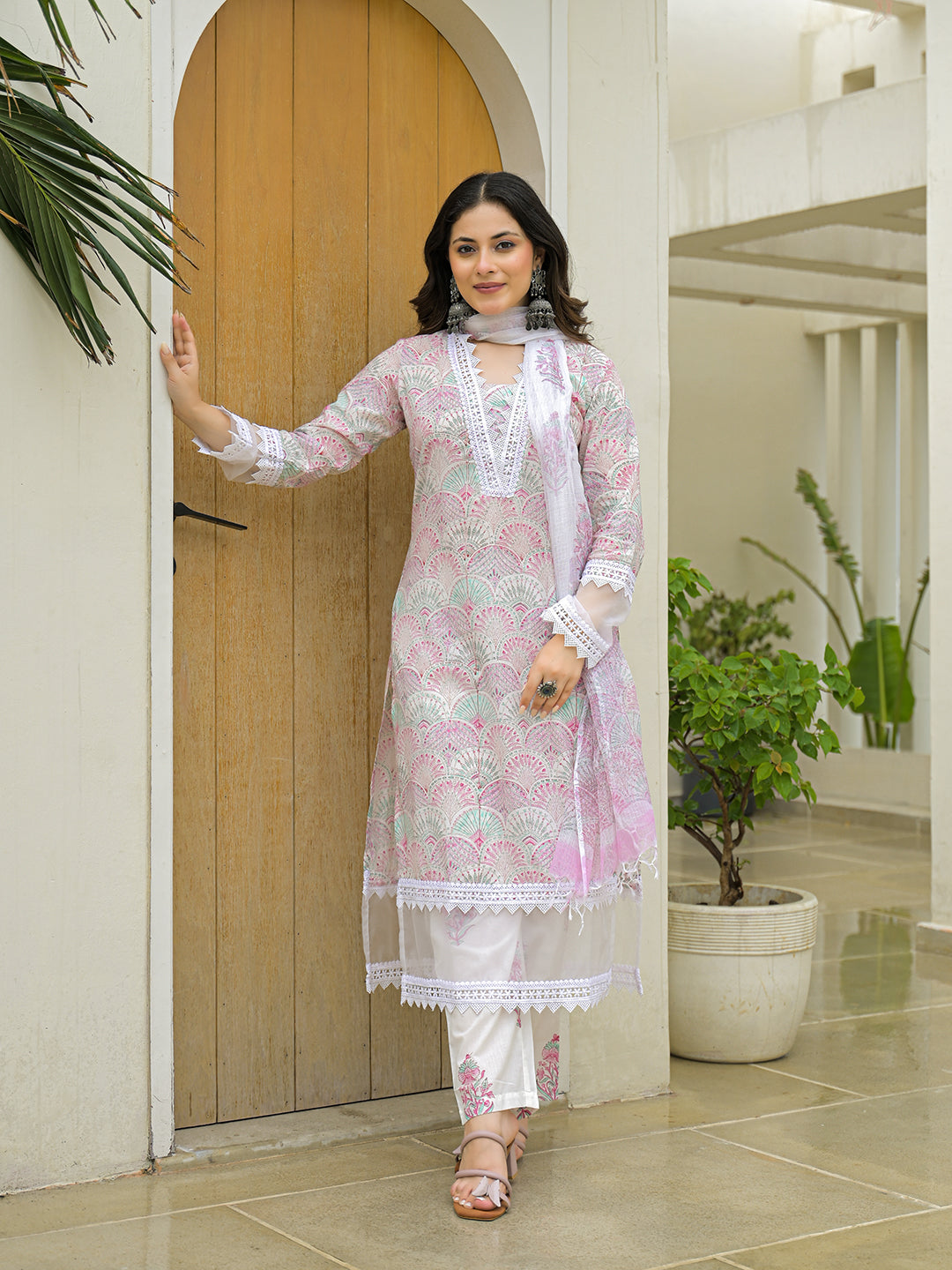 White Cotton Hand Block Straight Kurta Pant Sets With Dupatta