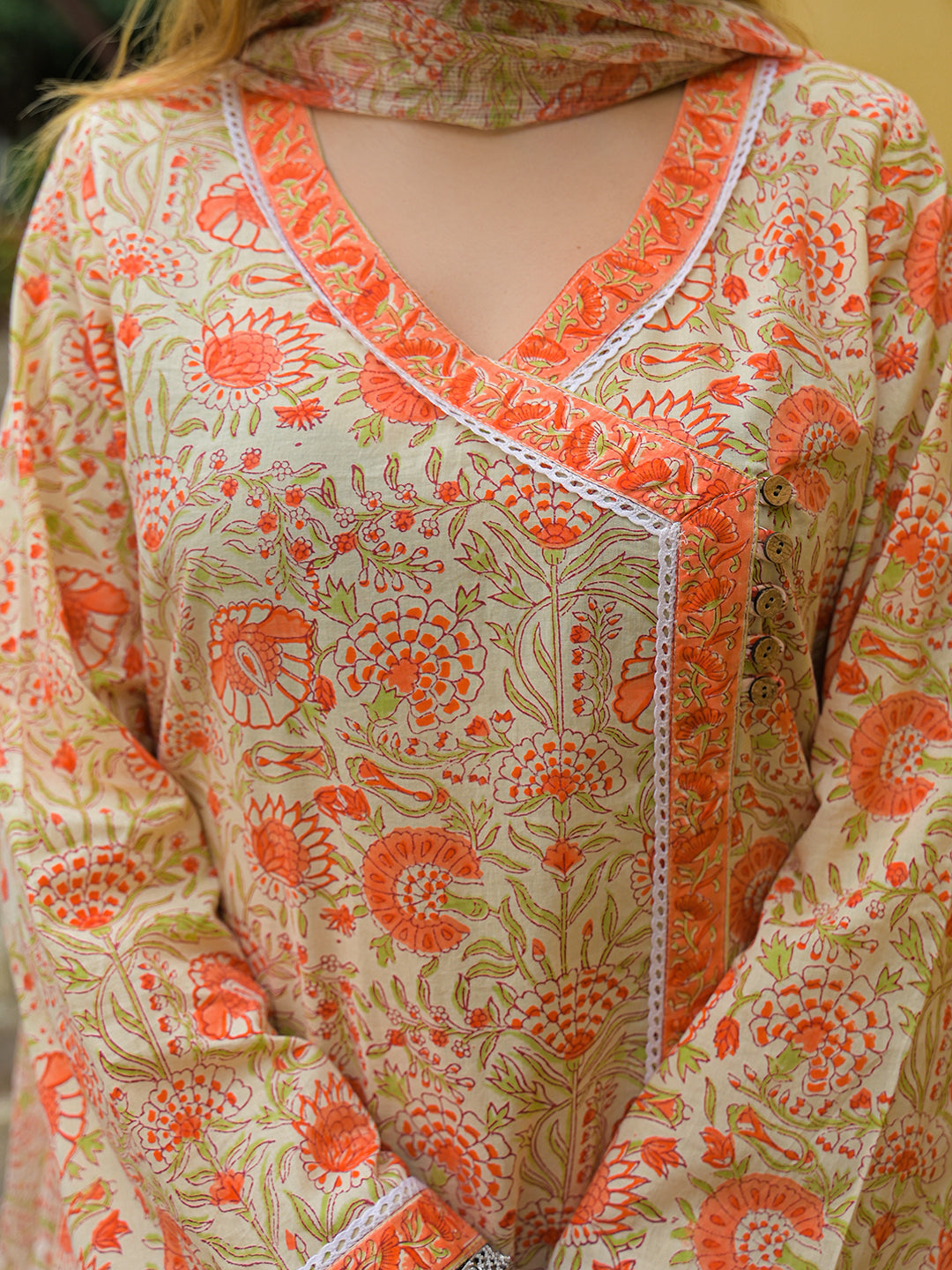 Orange Straight Floral Print Cotton Kurta Sets With Dupatta