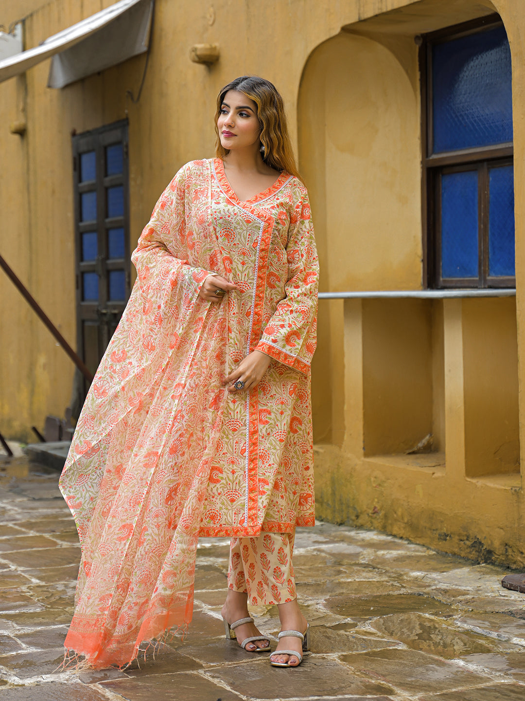 Orange Straight Floral Print Cotton Kurta Sets With Dupatta