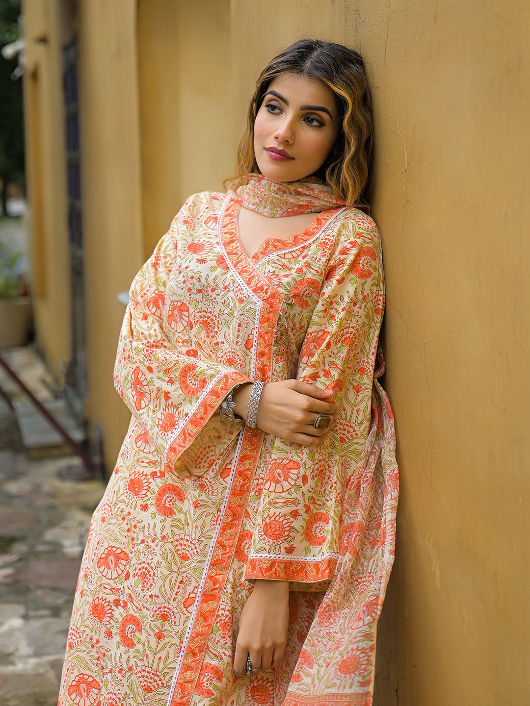 Orange Straight Floral Print Cotton Kurta Sets With Dupatta