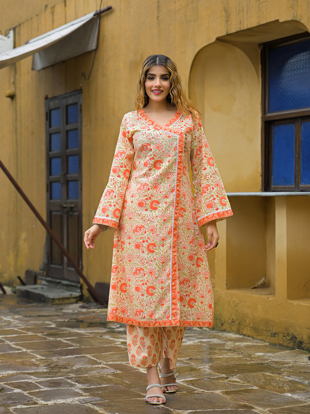Orange Straight Floral Print Cotton Kurta Sets With Dupatta