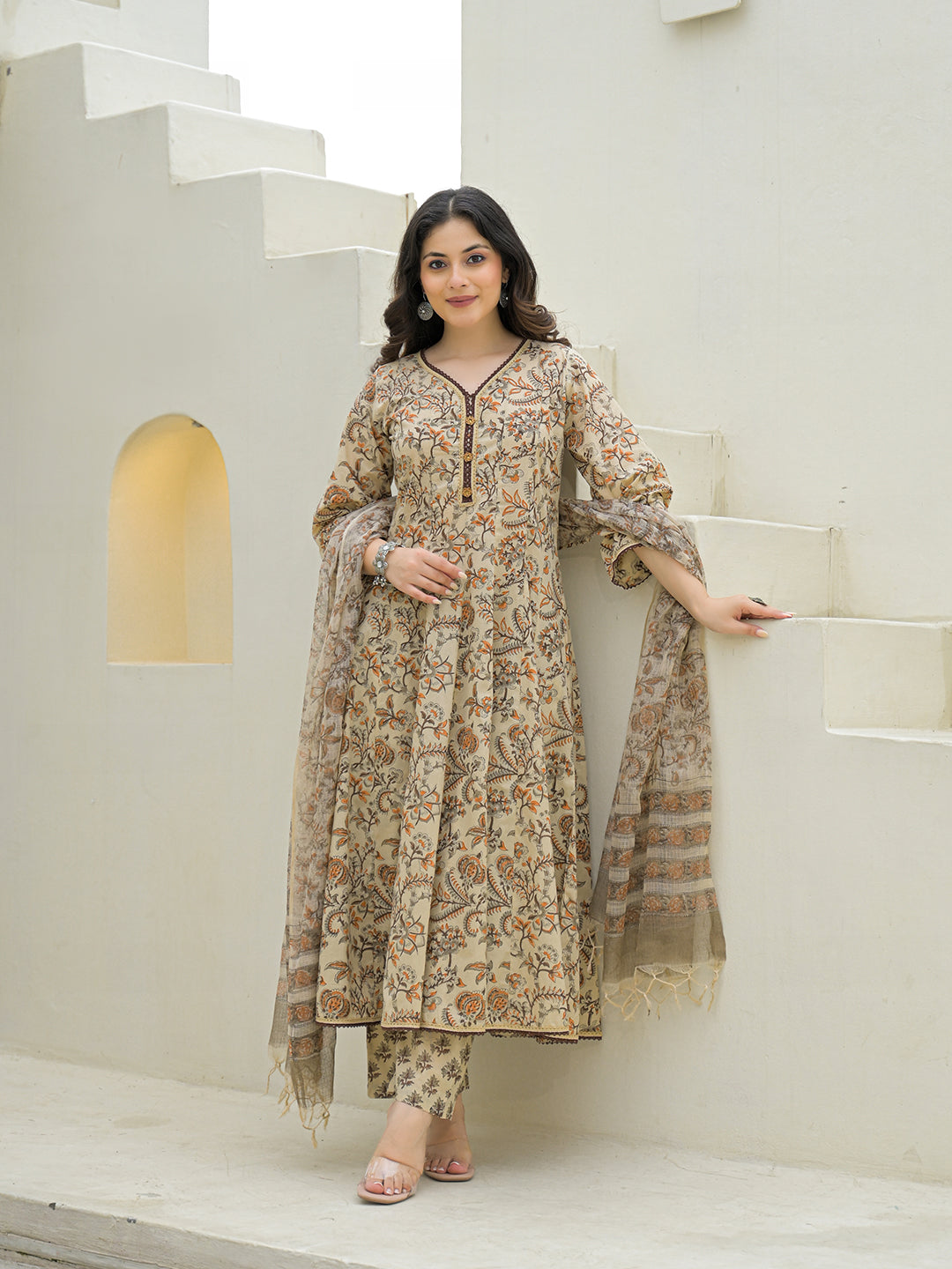 Beige Cotton Hand Block Anarkali Kurta Pant Sets With Dupatta