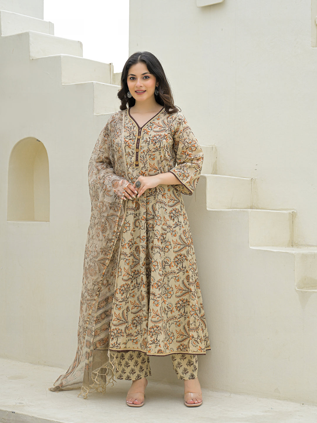 Beige Cotton Hand Block Anarkali Kurta Pant Sets With Dupatta