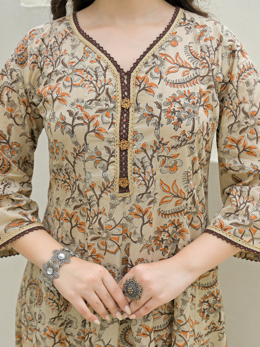Beige Cotton Hand Block Anarkali Kurta Pant Sets With Dupatta