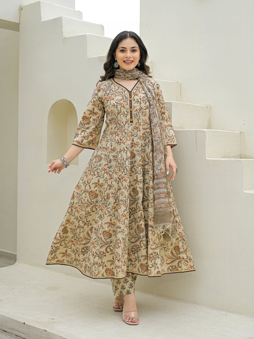 Beige Cotton Hand Block Anarkali Kurta Pant Sets With Dupatta