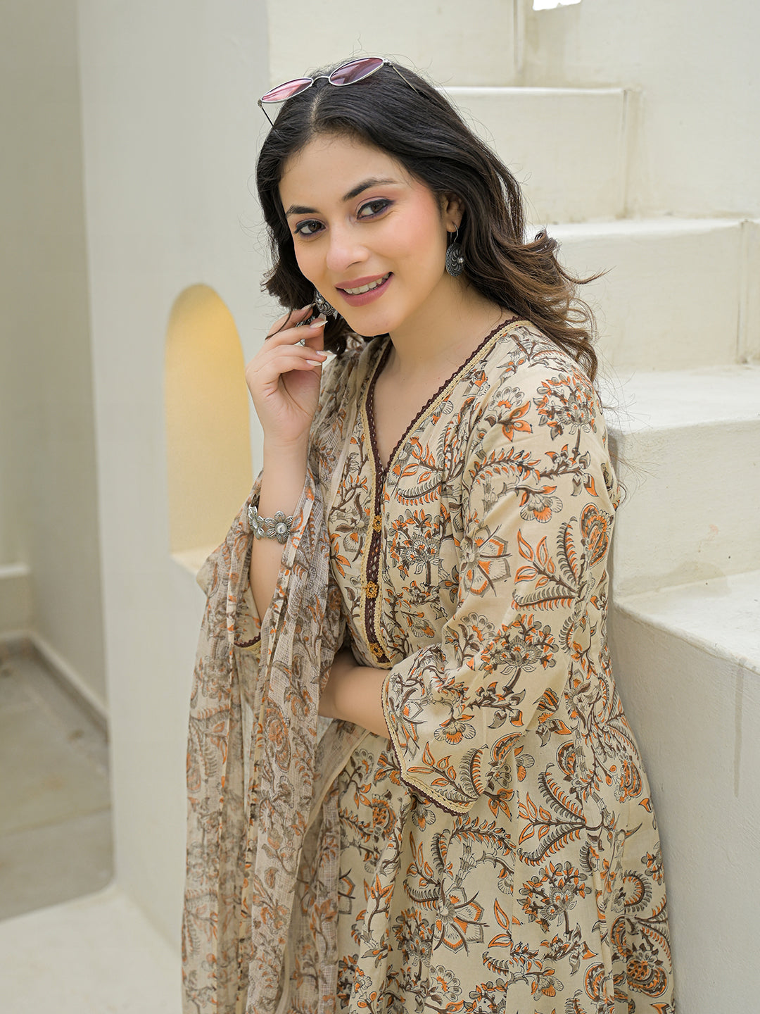 Beige Cotton Hand Block Anarkali Kurta Pant Sets With Dupatta