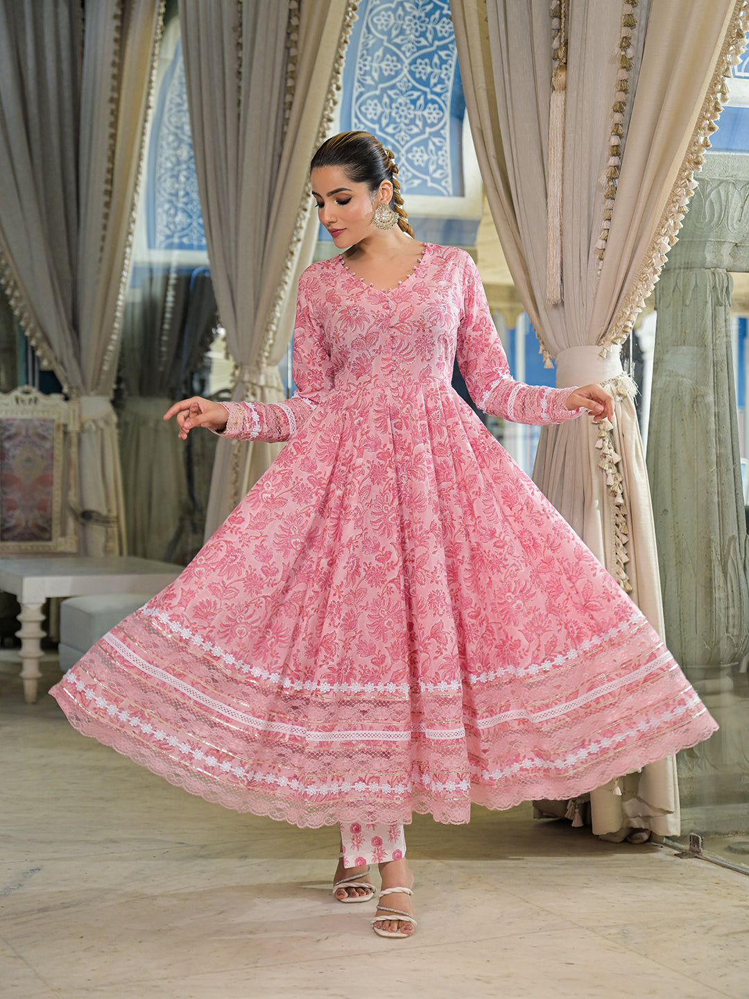 Pink Hand Block Cotton Anarkali Kurta Pant Set With Dupatta