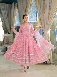 Pink Hand Block Cotton Anarkali Kurta Pant Set With Dupatta