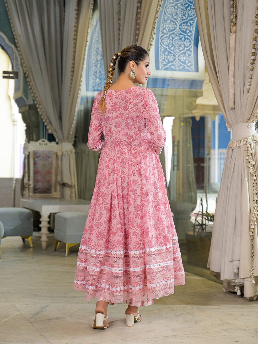 Pink Hand Block Cotton Anarkali Kurta Pant Set With Dupatta
