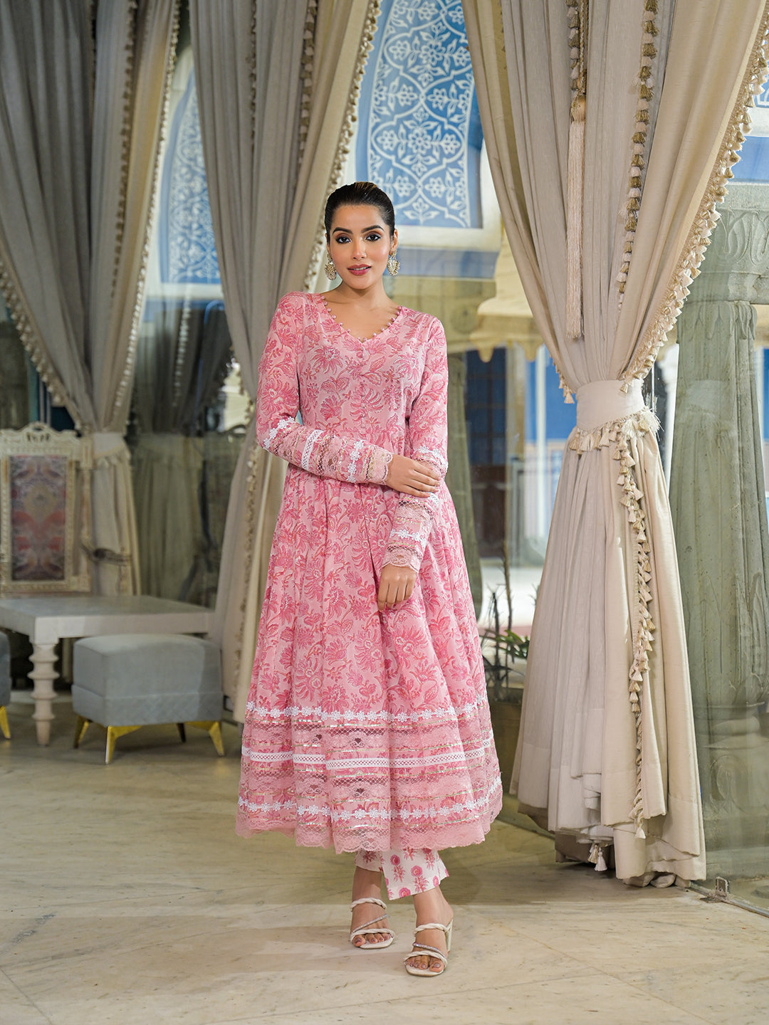 Pink Hand Block Cotton Anarkali Kurta Pant Set With Dupatta