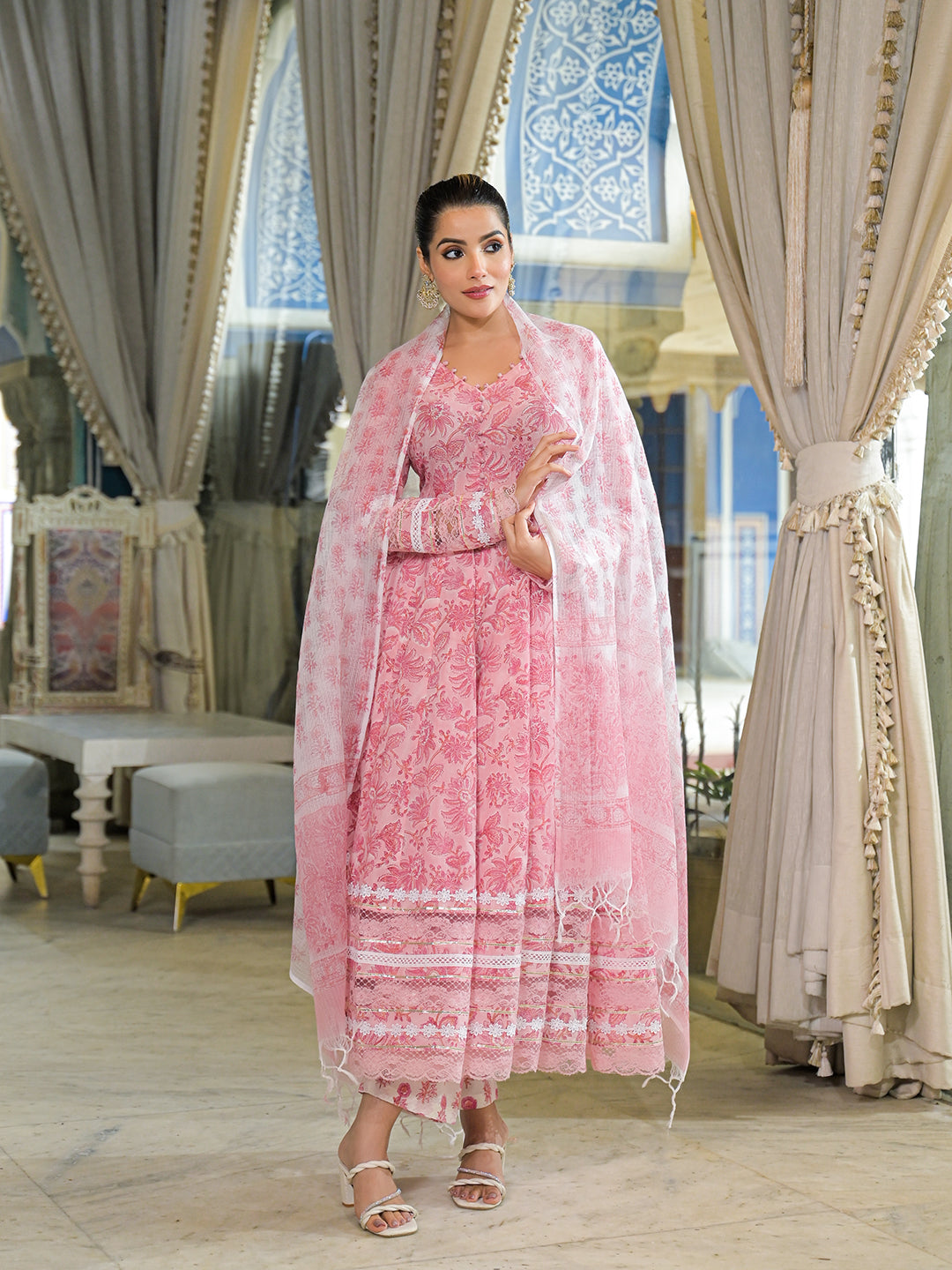 Pink Hand Block Cotton Anarkali Kurta Pant Set With Dupatta