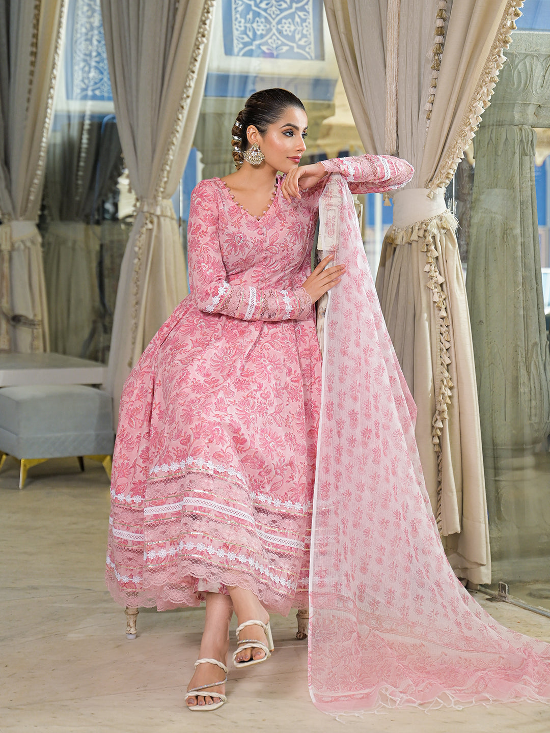 Pink Hand Block Cotton Anarkali Kurta Pant Set With Dupatta