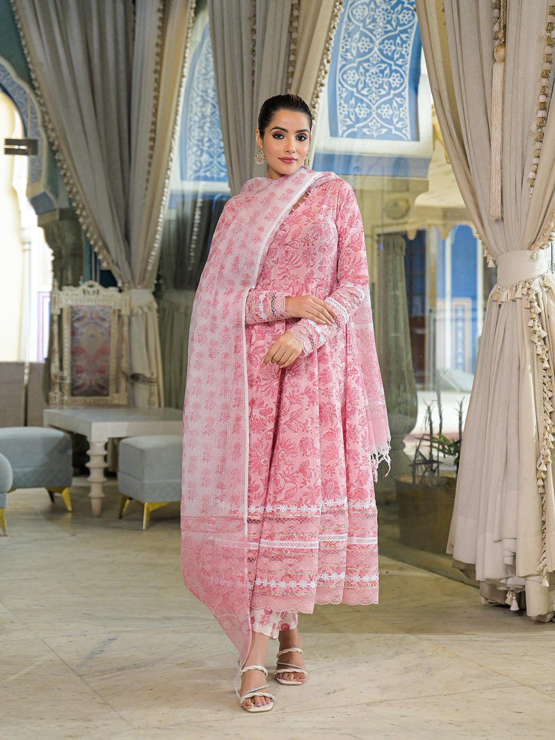 Pink Hand Block Cotton Anarkali Kurta Pant Set With Dupatta