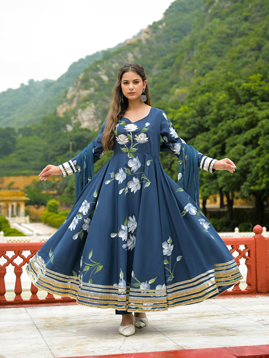 Blue Hand Painted Cotton Anarkali Kurta Pant With Dupatta