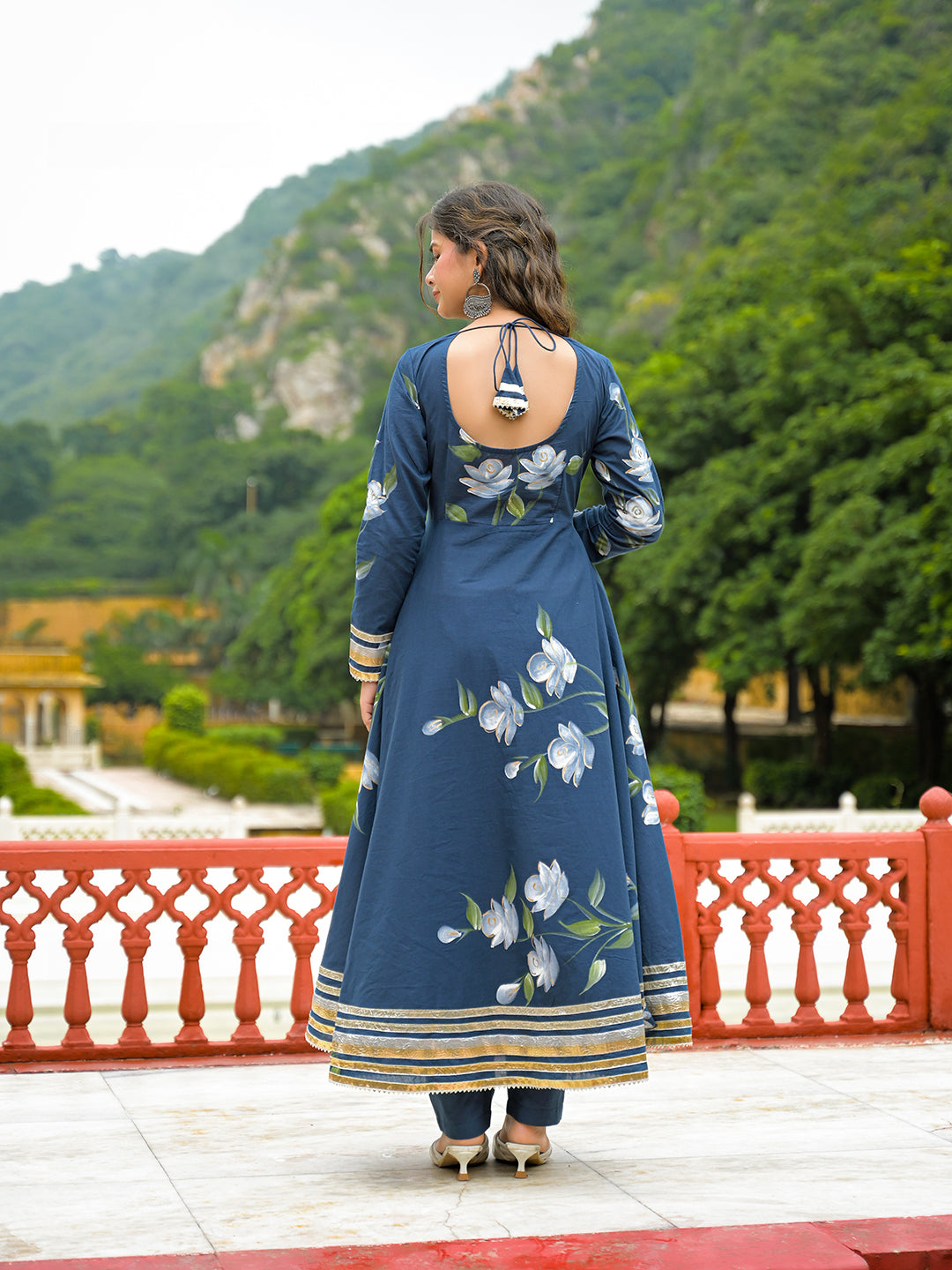 Blue Hand Painted Cotton Anarkali Kurta Pant With Dupatta