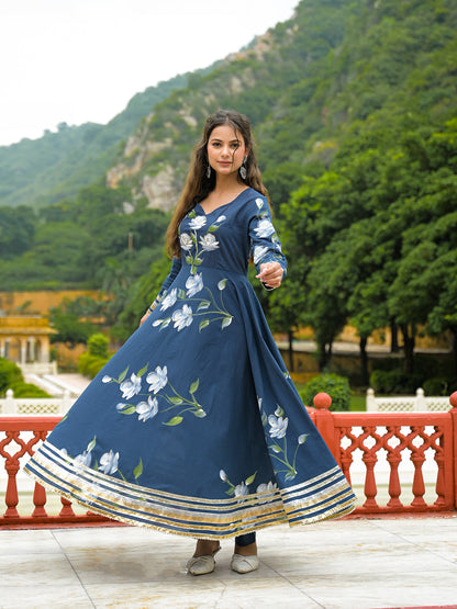Blue Hand Painted Cotton Anarkali Kurta Pant With Dupatta