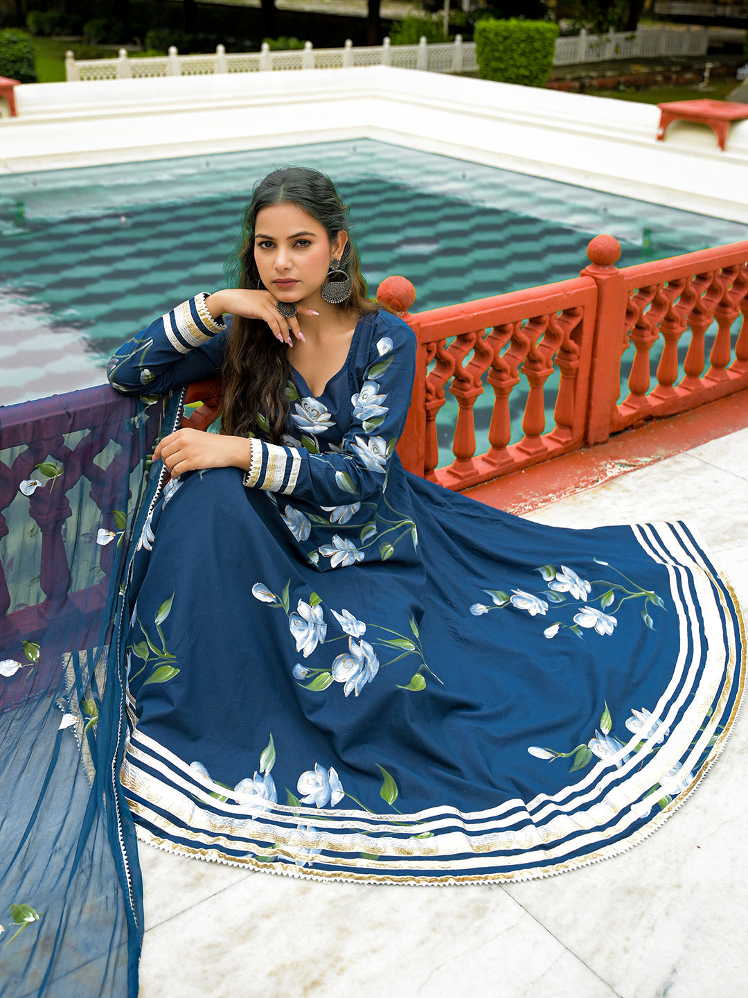 Blue Hand Painted Cotton Anarkali Kurta Pant With Dupatta