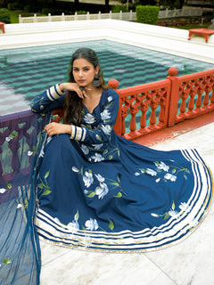 Blue Hand Painted Cotton Anarkali Kurta Pant With Dupatta