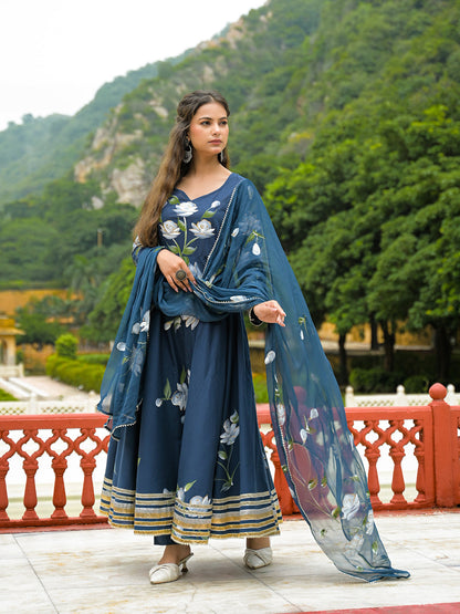 Blue Hand Painted Cotton Anarkali Kurta Pant With Dupatta