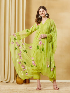 Green Hand Painted Cotton Kurta Pant Set With Dupatta