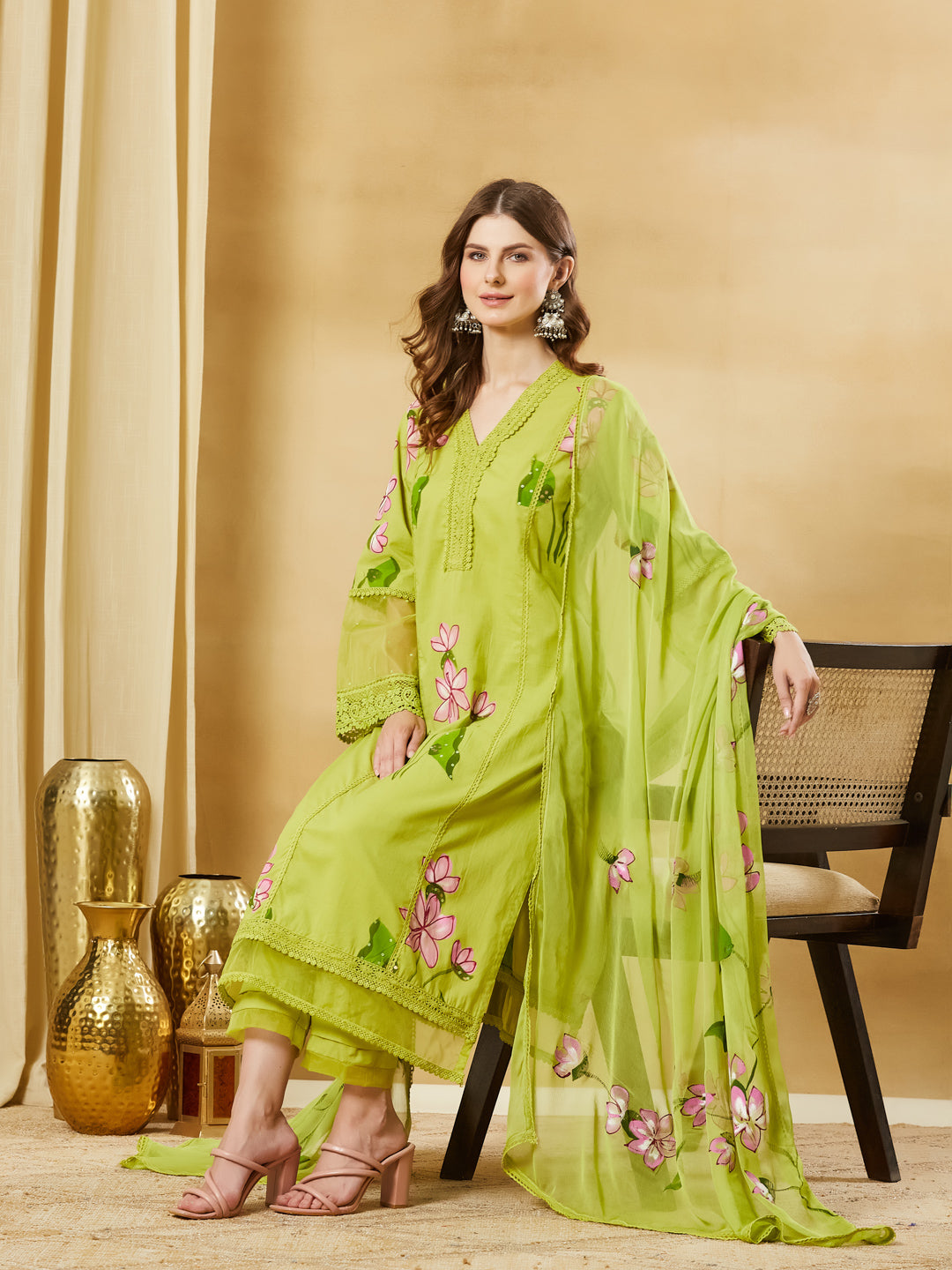 Green Hand Painted Cotton Kurta Pant Set With Dupatta
