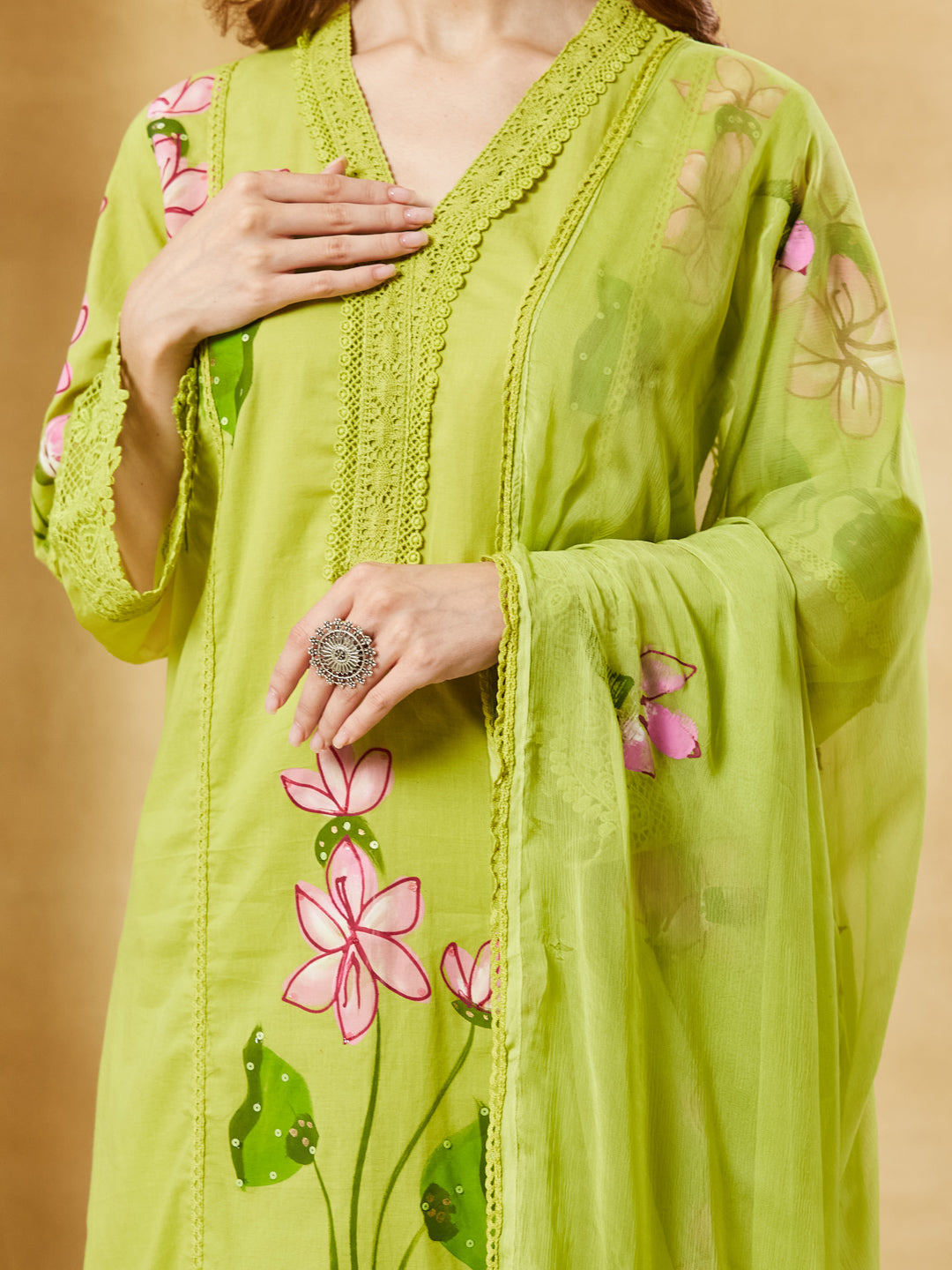 Green Hand Painted Cotton Kurta Pant Set With Dupatta