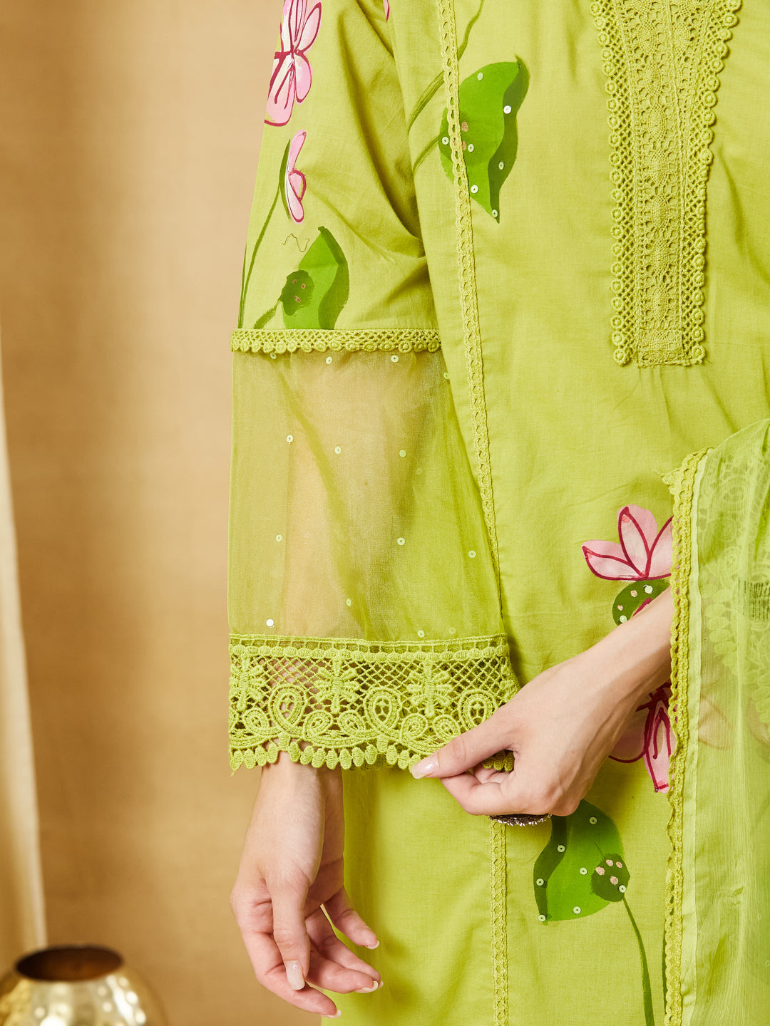 Green Hand Painted Cotton Kurta Pant Set With Dupatta
