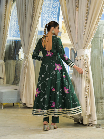 Dark Green Hand Painted Cotton Anarkali Kurta Pant With Dupatta