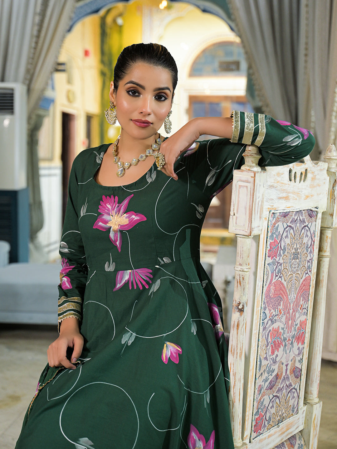 Dark Green Hand Painted Cotton Anarkali Kurta Pant With Dupatta