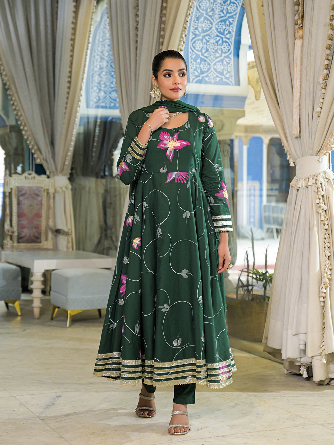 Dark Green Hand Painted Cotton Anarkali Kurta Pant With Dupatta