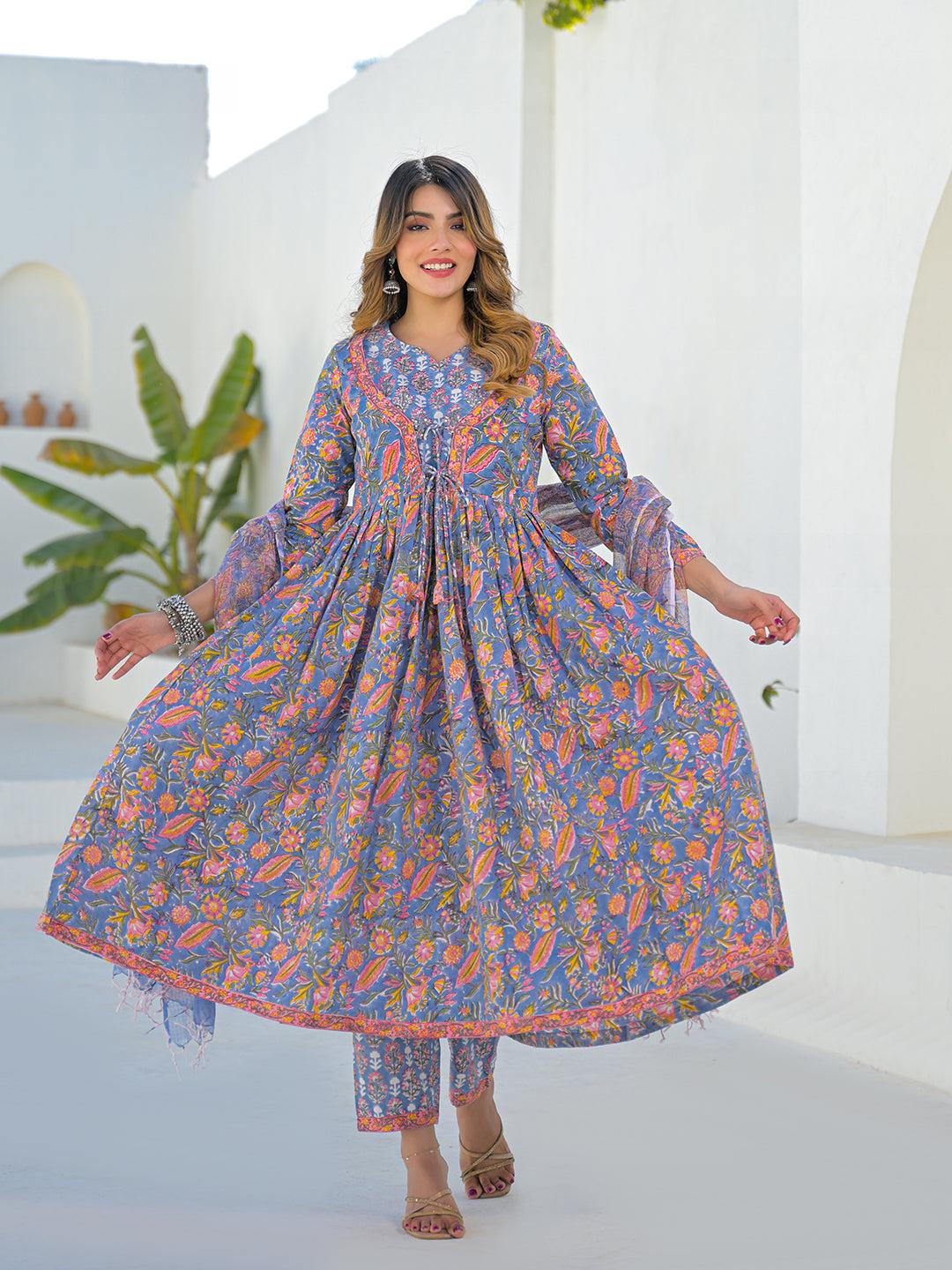 Sky Blue Hand Block Cotton Anarkali Kurta Pant Set With Dupatta