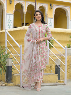 Handblock Print Cotton Kurta Pant Set with Dupatta