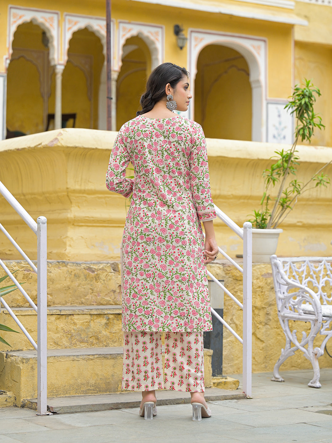 Handblock Print Cotton Kurta Pant Set with Dupatta