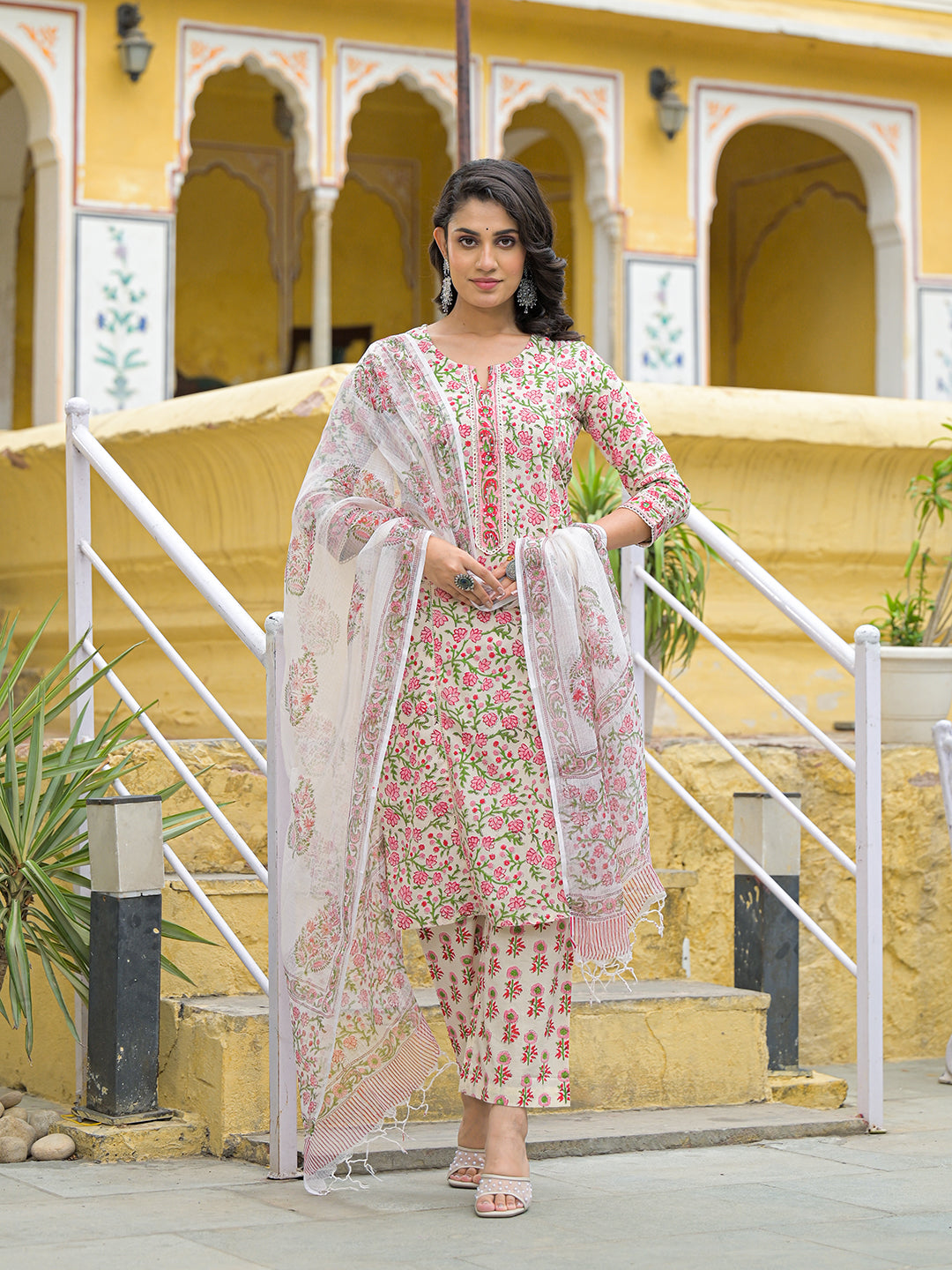 Handblock Print Cotton Kurta Pant Set with Dupatta