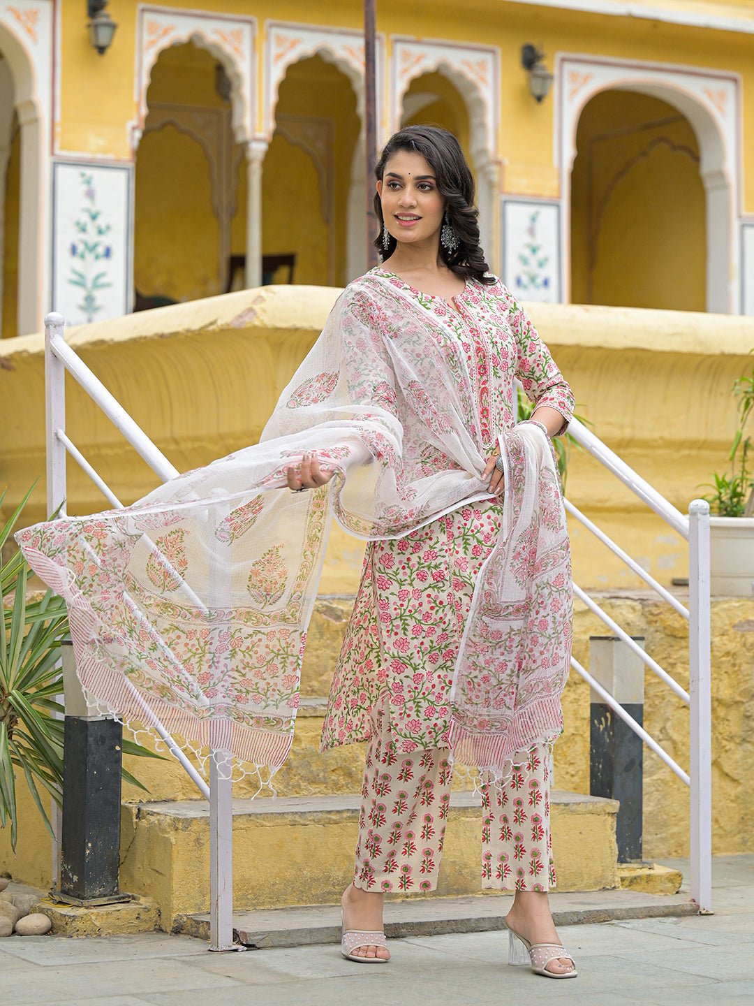 Handblock Print Cotton Kurta Pant Set with Dupatta