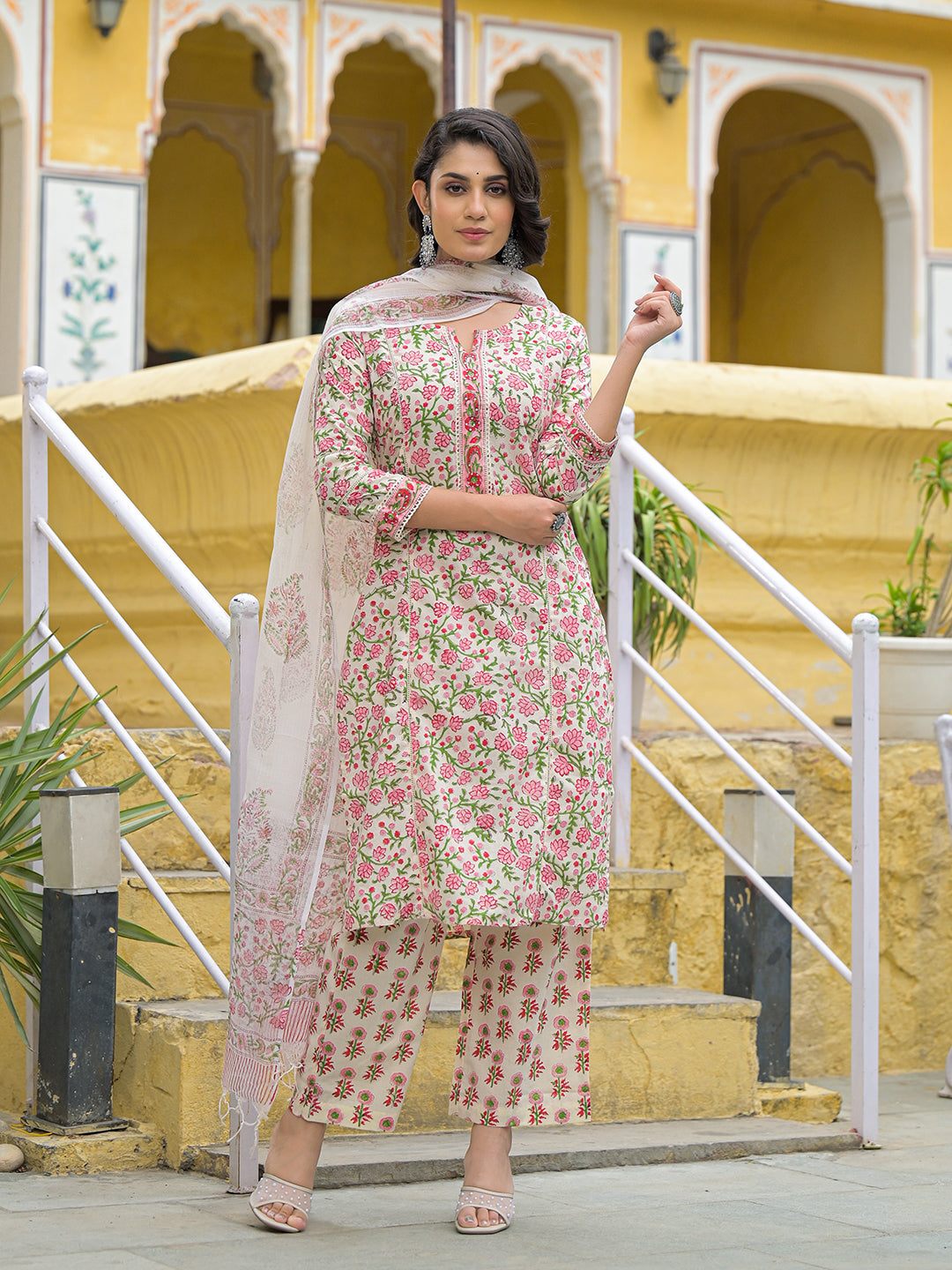 Handblock Print Cotton Kurta Pant Set with Dupatta