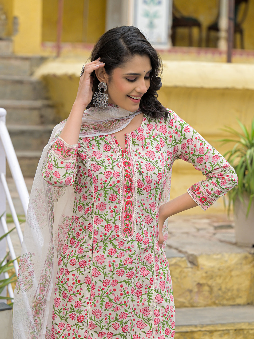 Handblock Print Cotton Kurta Pant Set with Dupatta