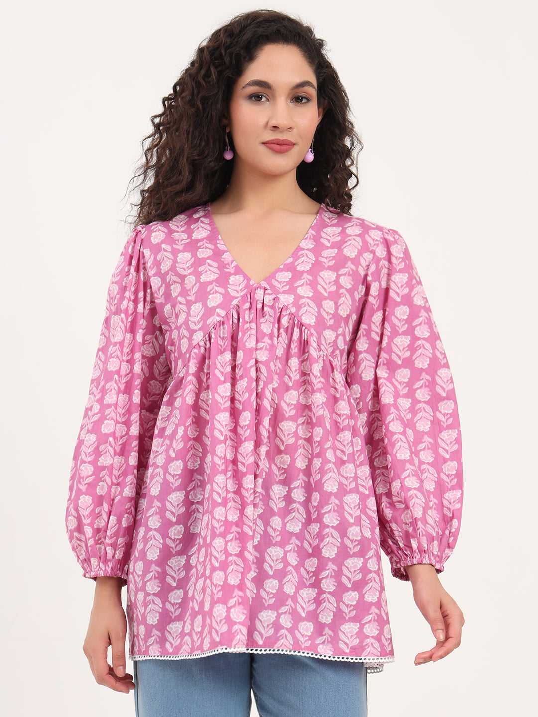 Purple Floral Print Cotton Fabric Regular Peplum Top