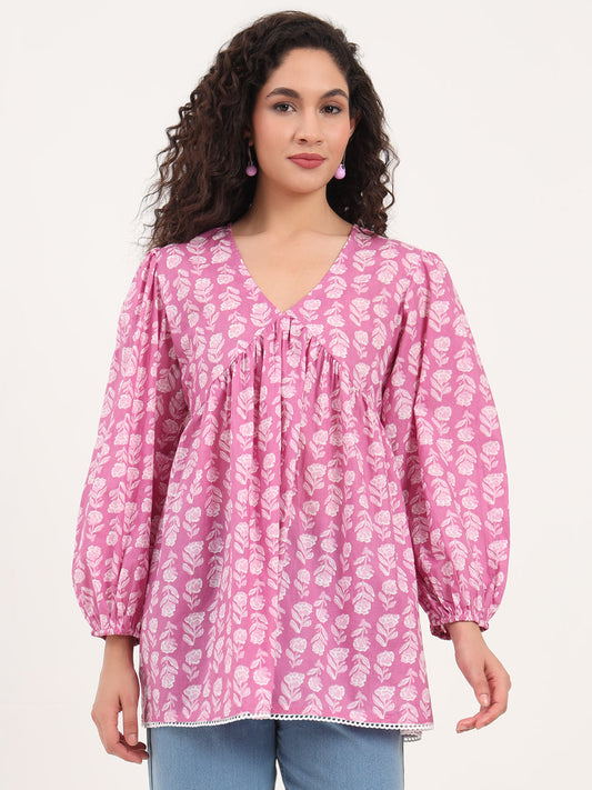 Purple Floral Print Cotton Fabric Regular Peplum Top