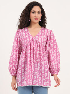 Purple Floral Print Cotton Fabric Regular Peplum Top