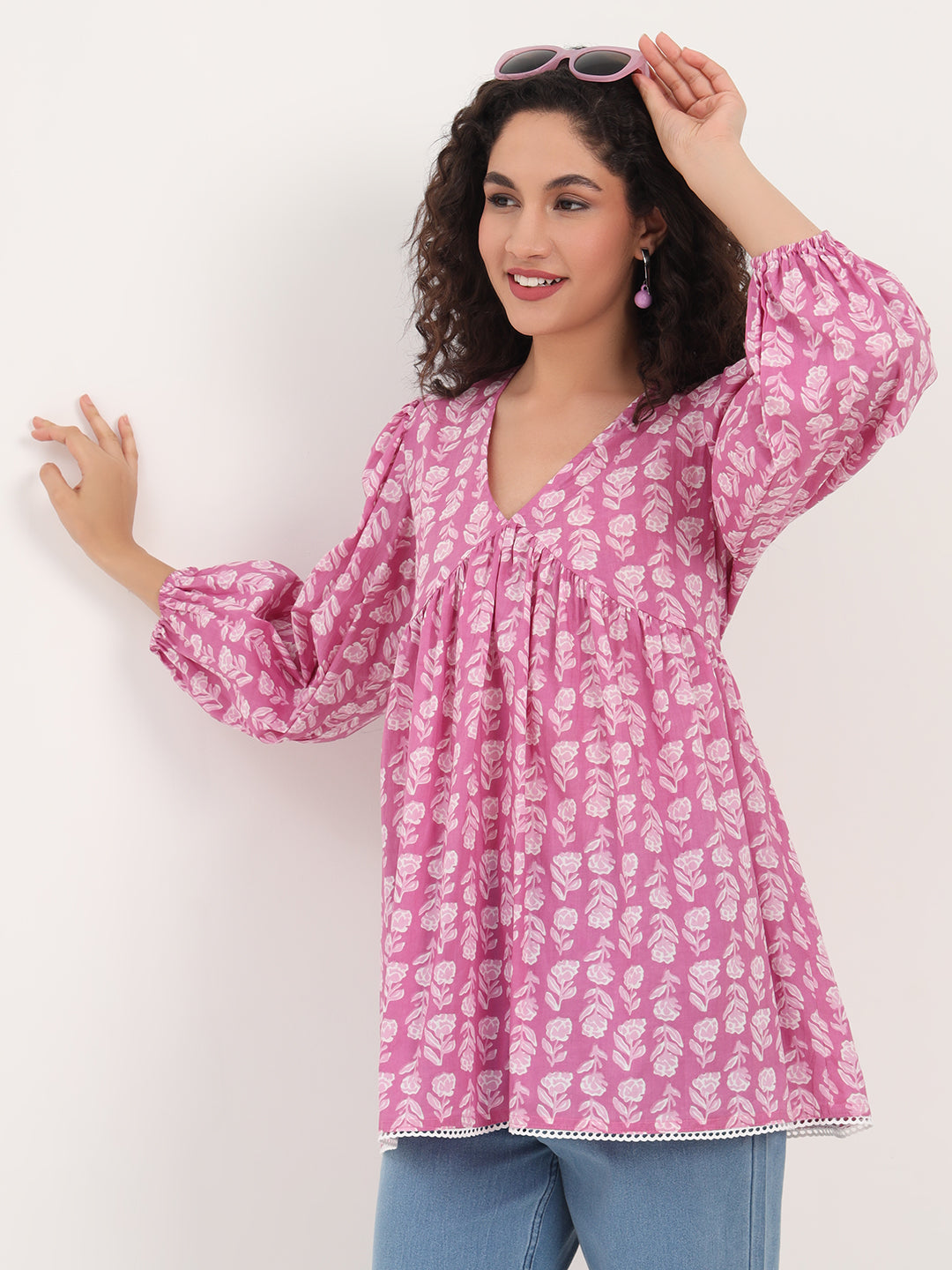 Purple Floral Print Cotton Fabric Regular Peplum Top