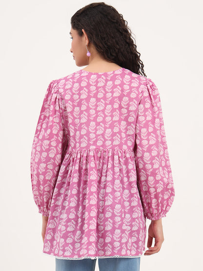 Purple Floral Print Cotton Fabric Regular Peplum Top