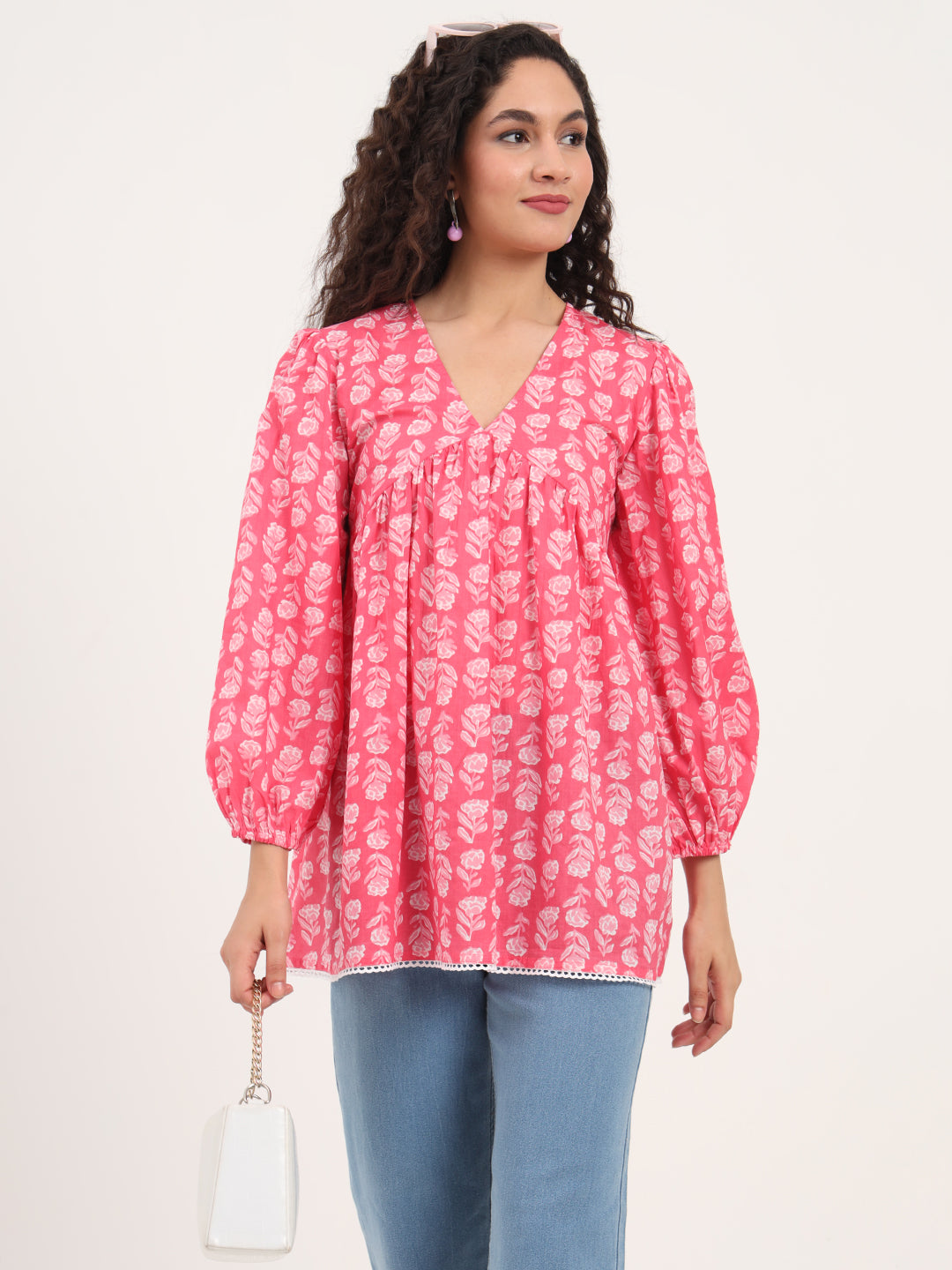 Pink Floral Print Cotton Fabric Regular Peplum Top