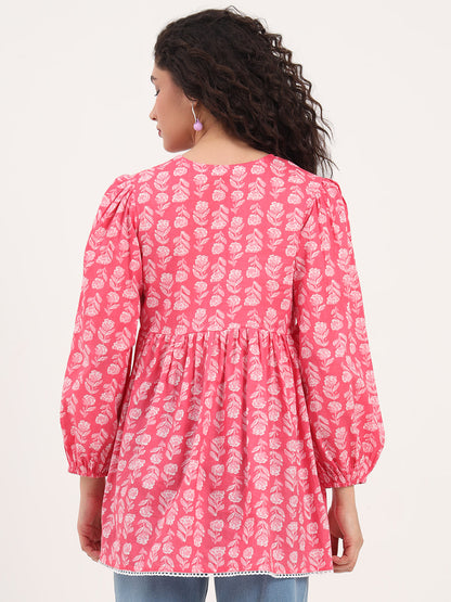 Pink Floral Print Cotton Fabric Regular Peplum Top