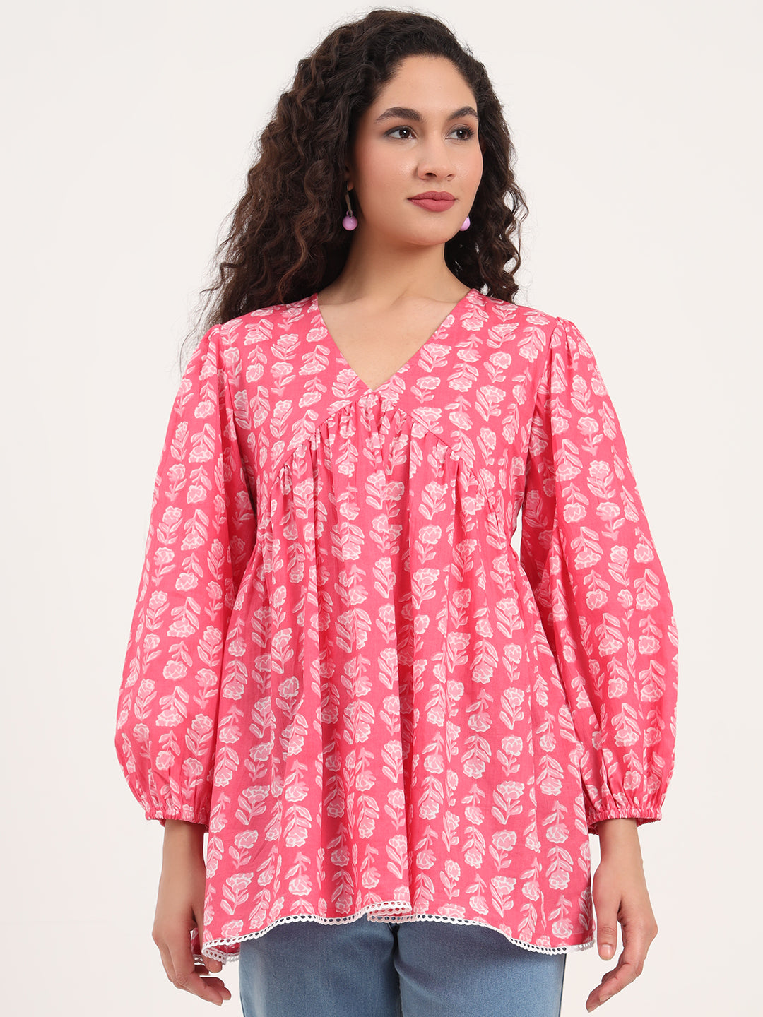 Pink Floral Print Cotton Fabric Regular Peplum Top