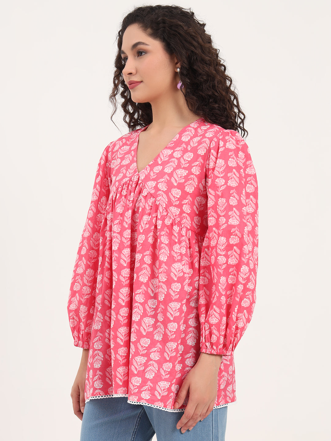 Pink Floral Print Cotton Fabric Regular Peplum Top