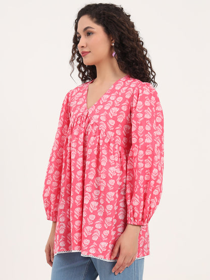 Pink Floral Print Cotton Fabric Regular Peplum Top